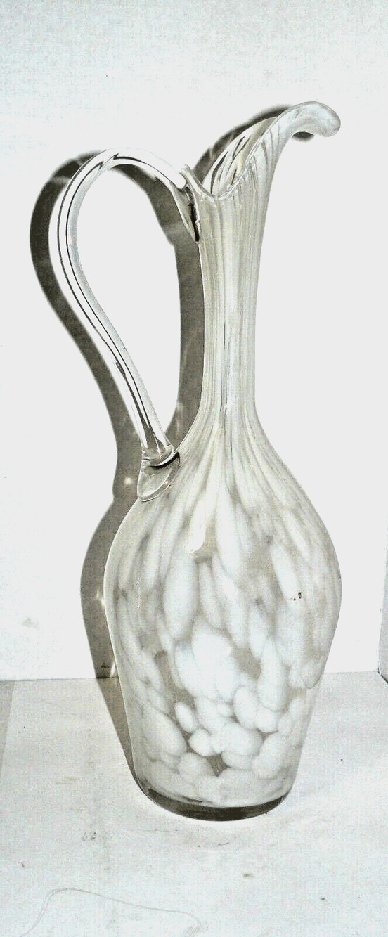 Rare Hand Blown Glass Swung Pitcher Vase 15" Clear & White Vintage MCM Abstract